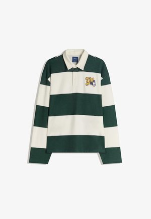 Polo a maniche lunghe a righe verdi e crema con colletto, dotato di un logo ricamato di un personaggio Disney sul petto.