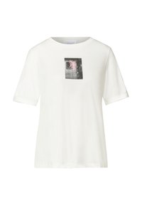 Camiseta de algodón blanca con cuello redondo y mangas cortas, que presenta un estampado gráfico en negro y rosa en la parte frontal.