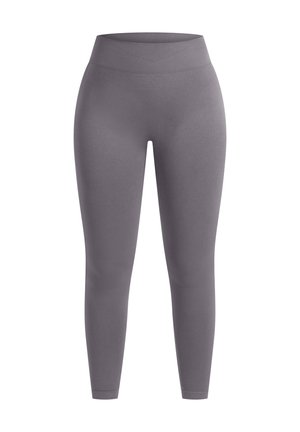 Graue Leggings mit einem hohen, elastischen Bund. Hergestellt aus glattem, dehnbarem Material, mit einem figurbetonten Design und nahtloser Verarbeitung.