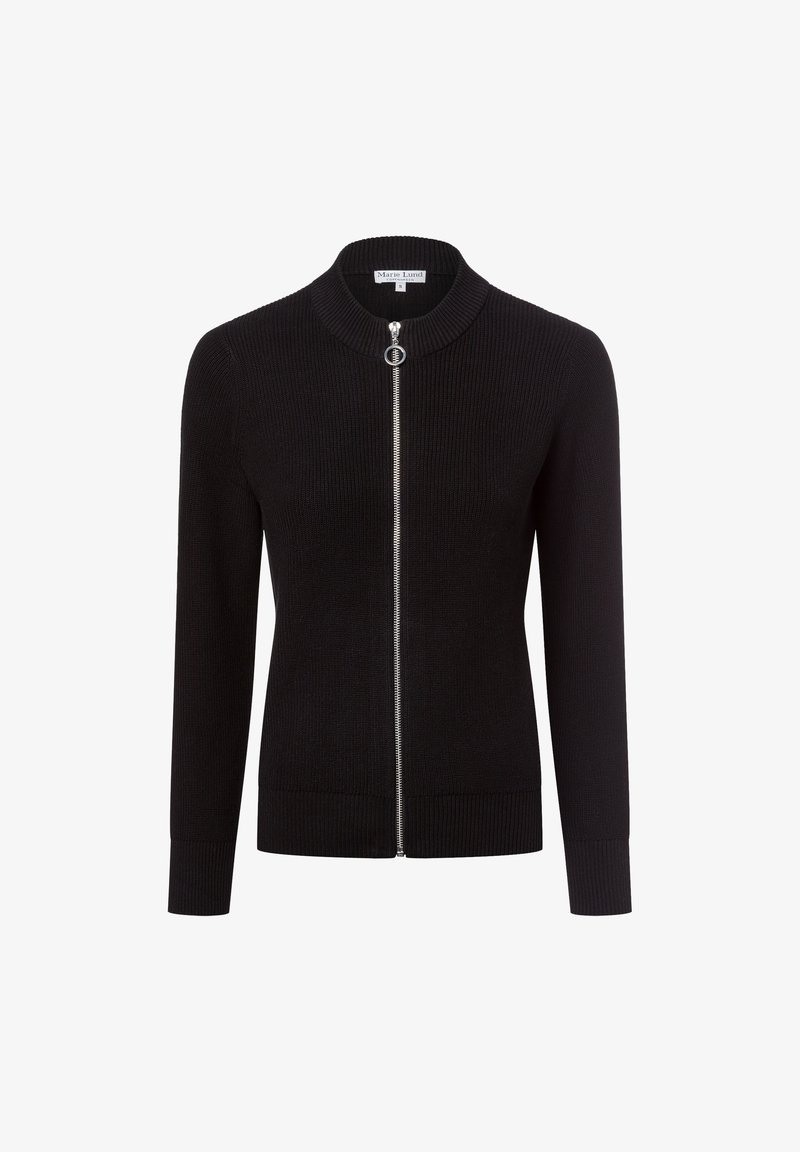 Zwarte geribde cardigan met een hoge kraag en een volledige rits aan de voorkant. Voorzien van lange mouwen en een aansluitende zoom. Zachte textuur met een gladde afwerking.