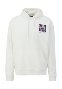 Sudadera de algodón blanca con un bolsillo tipo canguro en la parte delantera, capucha con cordón y un parche gráfico en el lado izquierdo del pecho con imágenes florales.