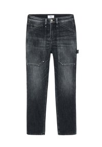 Jeans en denim noir avec une coupe droite, dotés de poches avant et de détails de surpiqûre plus clairs. Fermeture à bouton classique à la taille.