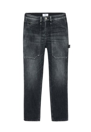 Zwarte denim jeans met een rechte pijp, voorzien van voorzakken en lichter stiksel. Klassieke knoopsluiting bij de taille.