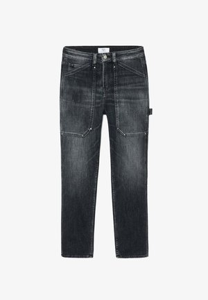 Schwarze Jeans aus Denim mit geradem Bein, ausgestattet mit frontalen Taschen und helleren Nähdetails. Klassischer Knopfverschluss an der Taille.