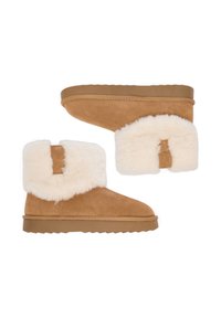 Kahové semišové členkové čižmy s bielym kožušinovým lemom, majú plochú gumovú podrážku a dekoratívny pútko na boku. Mäkká štruktúra po celom povrchu.