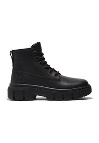 Black ankle boot made of smooth leather with a lace-up front, thick rubber sole, and reinforced heel. Features a logo on the side.