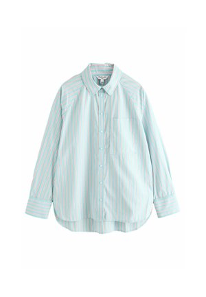 Light blue long-sleeve button-up shirt with pink and white vertical stripes, a front pocket, and a curved hem.