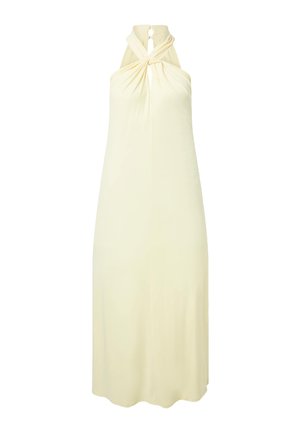 Kermansävyinen hihaton maksi-mekko, jossa on kiertynyt halterneck-kaula-aukko ja liehuva A-linjainen siluetti.