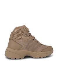 Tan high-top footwear with mesh and synthetic materials, textured accents, lace-up closure, and a rugged rubber outsole.