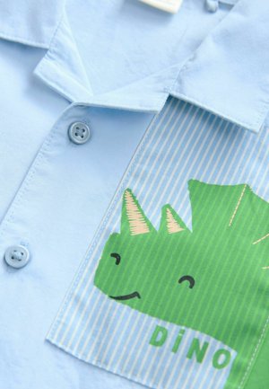 Hellblaues Hemd mit Knopfleiste, das ein gestreiftes Panel mit einem grünen Dinosaurier-Graphic und dem Text "DINO" zeigt, aus leichtem Stoff gefertigt.