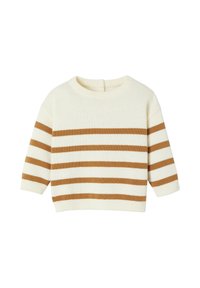 Cremefarbener Pullover mit horizontalen Roststreifen, geripptem Halsausschnitt und 3/4-Ärmeln. Weiche Textur, einfaches Design und Rückenknopfverschluss.