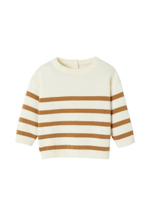 Cremfarbener Pullover mit braunen horizontalen Streifen, Rundhalsausschnitt, gerippten Bündchen und Saum, mit einer Knopfdetaillierung auf der Rückseite.