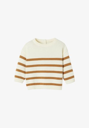 Cream-colored sweater with brown horizontal stripes, round neckline, ribbed cuffs and hem, featuring a back button detail.