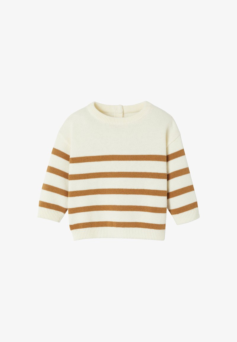 Cremefarbener Pullover mit horizontalen Roststreifen, geripptem Halsausschnitt und 3/4-Ärmeln. Weiche Textur, einfaches Design und Rückenknopfverschluss.