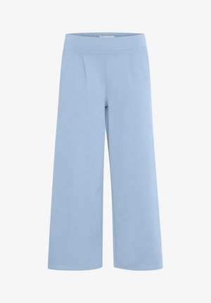Svetlo modri široki hlače iz mehkega materiala, ki imajo gladek pas in dva sprednja pregiba za dodatne detajle.
