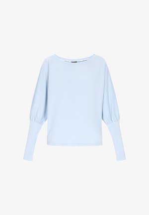 Lichtblauw shirt met lange mouwen en een losse pasvorm, met opgeblazen mouwen en een boothals. Gemaakt van zachte, rekbare stof.