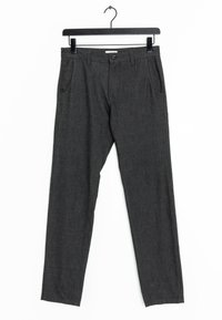 Dark grey trousers made from a textured fabric. Features a button closure, front pockets, and a straight-leg cut. Hangs from a black hanger.