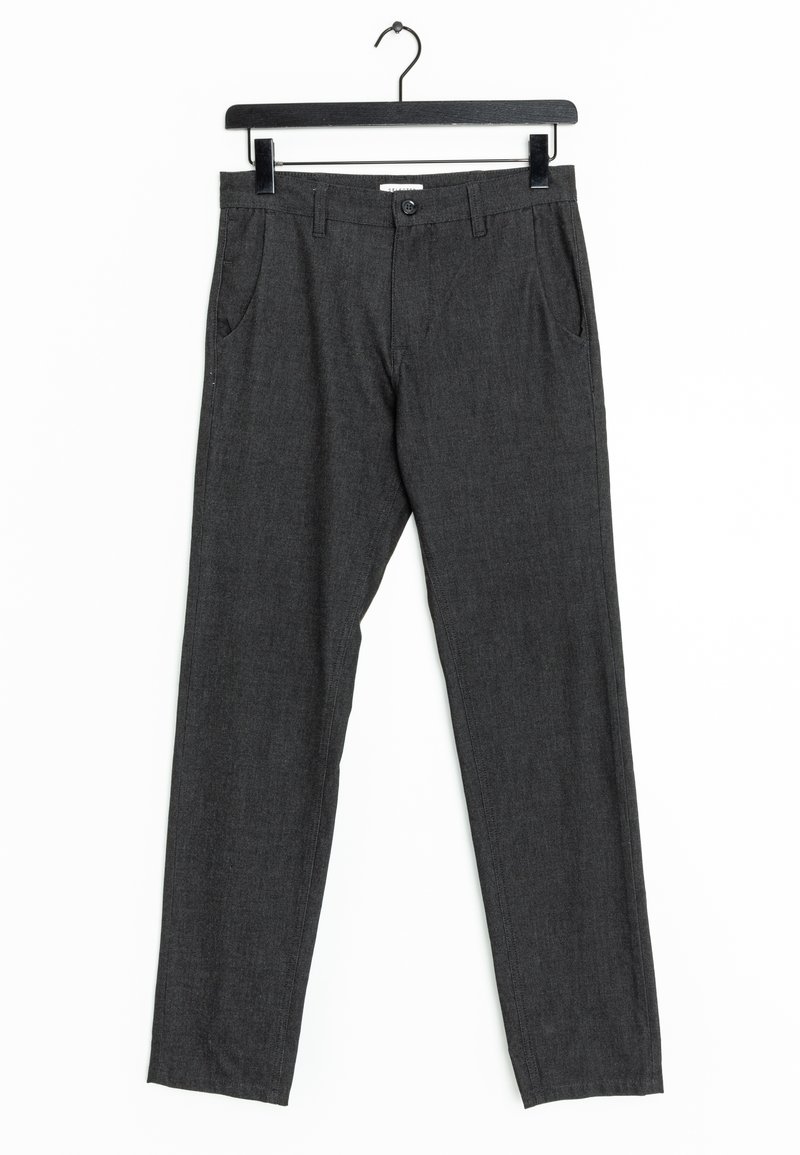 Dark grey trousers made from a textured fabric. Features a button closure, front pockets, and a straight-leg cut. Hangs from a black hanger.