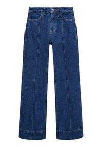 Jean denim bleu foncé à jambes larges, avec poches avant, coutures le long des jambes, passants pour ceinture, et fermeture par bouton et zip.
