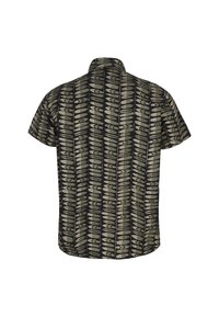 Košile s krátkými rukávy s černým pozadím a zeleným geometrickým vzorem peří, s límečkem a volným střihem.