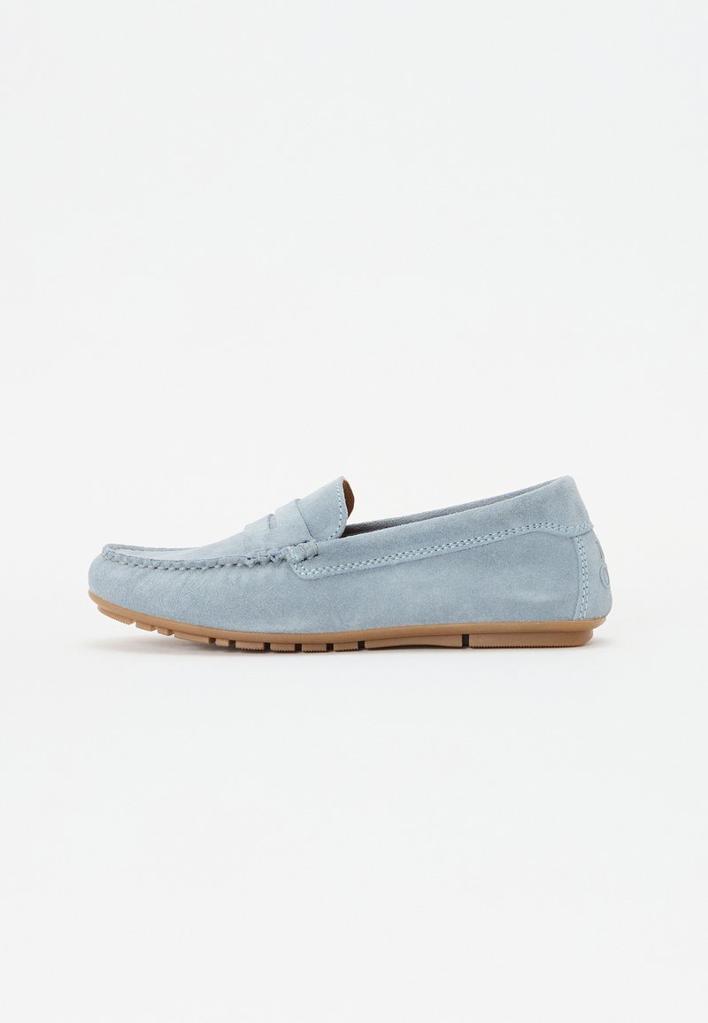 Hele sinine nahast loafers, ümarate varvastega, tikandiga ning paindliku kummitaldaga. Minimalistlik disain, ilma nähtava riistvarata.