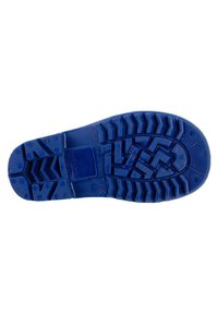 Suela de zapato de goma azul con un patrón texturizado que presenta agarres en zigzag y circulares para mayor tracción. Sellada con el nombre de la marca.