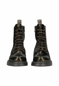 Bottines en cuir noir avec un motif en cuir de serpent texturé, fermeture éclair en métal et lacets marron ; semelles en caoutchouc robustes et bout renforcé.