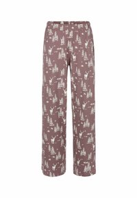 Bruna vida byxorna med ett mönster av vita skogs djur och träd. Elastisk midja för komfort, mjukt tyg.
