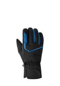 Black gloves with blue accents, made from soft material. Features stitched patterns, elastic cuff, and adjustable closure for fit.