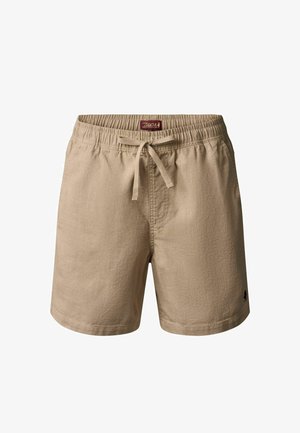 Beige Herren-Casual-Shorts mit elastischem Bund und Kordelzug, geradem Saum und kleinem dunklem Logo am linken Bein.