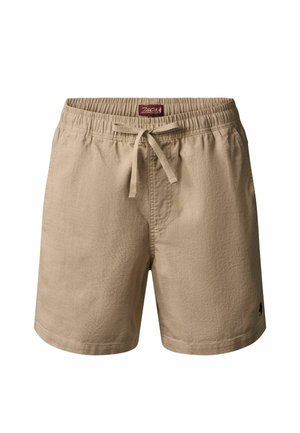 Beige herenshorts voor vrijetijdskleding met elastische tailleband en trekkoord, rechte zoom en klein donker logo op het linkerbeen.
