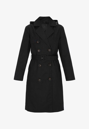 Trenci negru cu design cu nasturi dubli, nasturi în contrast, talie cu curea și guler ascuțit. Țesătură netedă cu o textură subtilă.