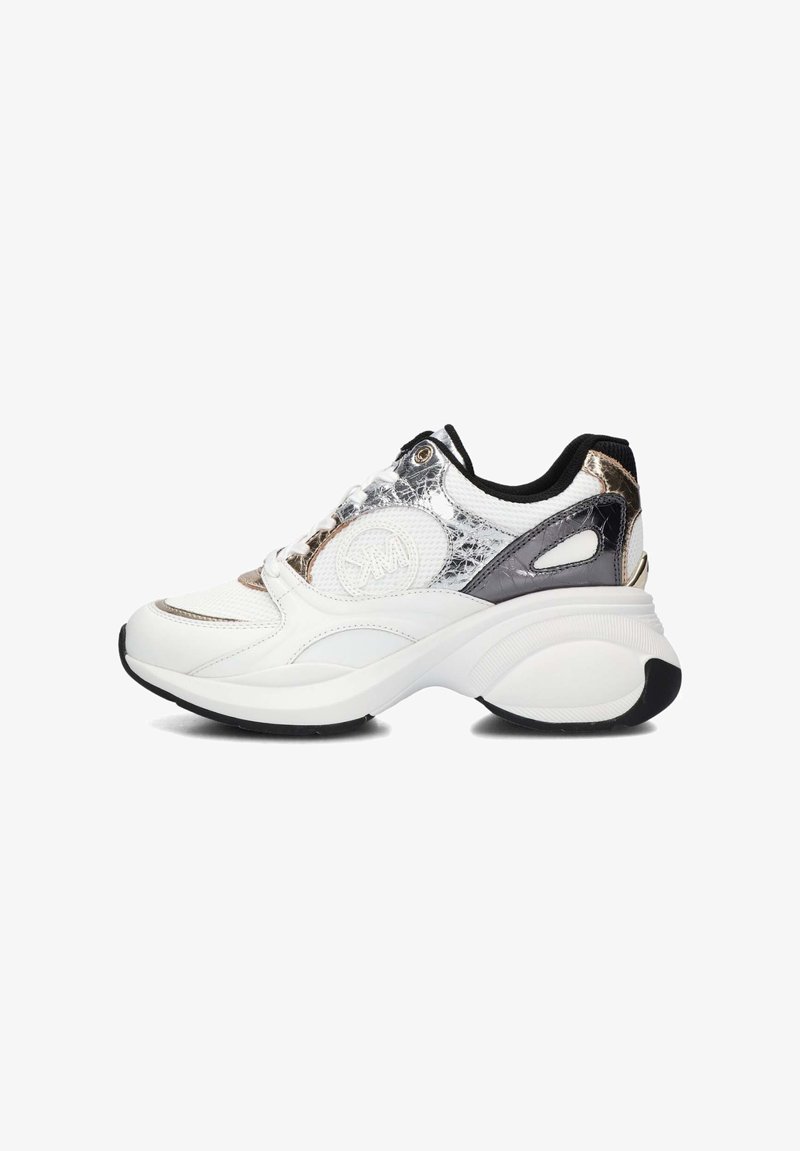 White athletic sneakers with a textured silver accent, round toe, thick sole, and black detailing at the heel and tongue. Air holes on the sides.