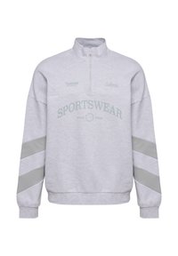 Grå kvartdraget sweatshirt med långa ärmar, som har en sportig logotyp, texten "SPORTSWEAR" i grön och grå rand detaljer på ärmarna.