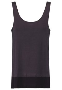 Černý bezramínkový top s kulatým výstřihem, vyrobený z měkké tkaniny. Disponuje rovním lemem a hladkým texturem po celé ploše.