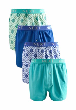 Vier Paare Boxershorts in unterschiedlichen Blautönen und Grüntönen. Die Designs umfassen geometrische Muster und einfarbige Stoffe, ausgestattet mit elastischen Bändern mit dem "NEXT"-Logo.