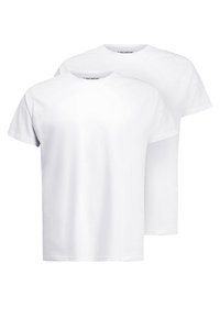 Twee witte katoenen T-shirts met korte mouwen, ronde halslijnen en een eenvoudig ontwerp, met een standaard pasvorm en geen zichtbare patronen of accenten.