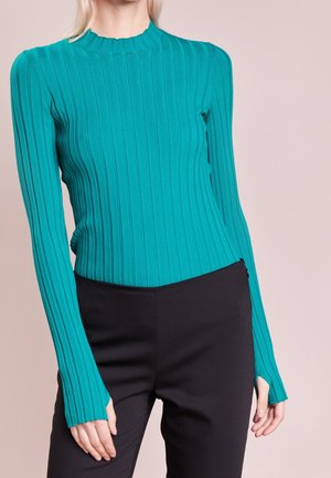 Žena v přiléhavém tyrkysovém žebrovaném svetru s dlouhým rukávem a černých kalhotách na jednoduchém světle růžovém pozadí.