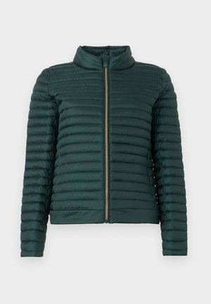 Σκούρο πράσινο μπουφάν ελαφρύ, με ραφές, μακριά μανίκια και κλείσιμο με φερμουάρ στο μπροστινό μέρος, όρθιο γιακά, χωρίς εμφανή λογότυπα ή σχέδια.