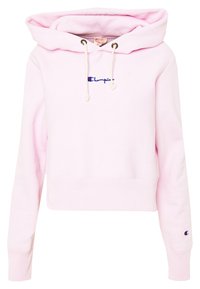 Sudadera recortada rosa hecha de una tela suave; cuenta con cordones, logo bordado en azul y rojo, y puños y dobladillo acanalados.