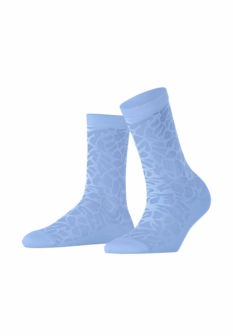 Helle blaue Socken mit einem strukturierten Blattmuster, einem einfarbigen Bündchen und einer glatten Oberfläche. Entworfen für Komfort und den täglichen Gebrauch.