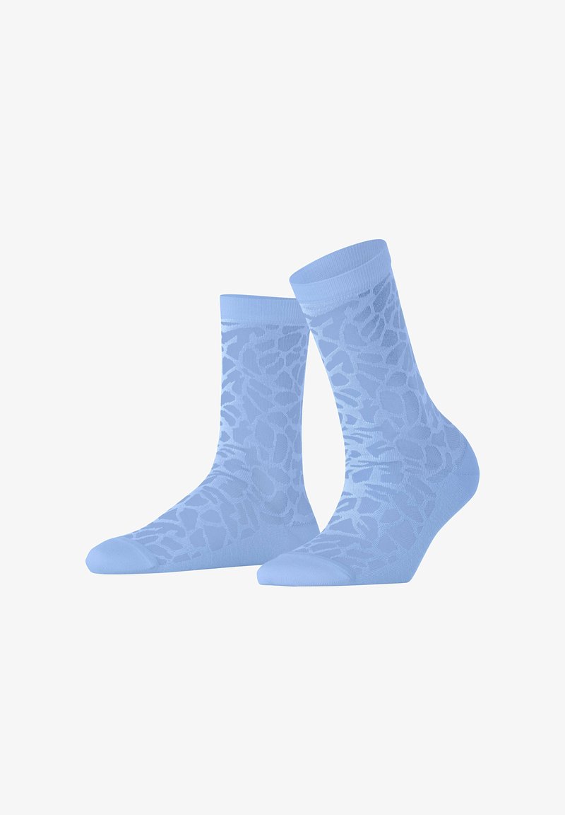 Helle blaue Socken mit einem strukturierten Blattmuster, einem einfarbigen Bündchen und einer glatten Oberfläche. Entworfen für Komfort und den täglichen Gebrauch.
