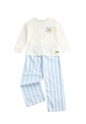 Dziecięcy komplet piżamowy z długim rękawem, biały top z postaciami Bluey i Bingo, w zestawie z jasnoniebieskimi i białymi pionowymi spodniami w paski.