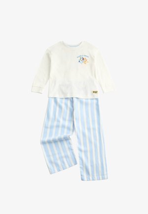 Ensemble de pyjama pour enfants composé d'un haut à manches longues blanc avec les personnages Bluey et Bingo, associé à un pantalon à rayures verticales bleu clair et blanc.