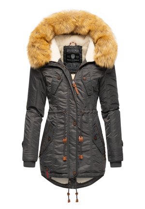 Parka d'hiver gris foncé avec grande capuche bordée de fourrure beige, fermeture éclair et boutons à l'avant, cordons à la taille et à l'ourlet, et plusieurs poches zippées.