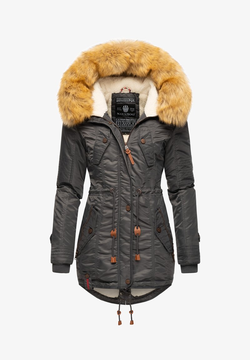 Parka d'hiver gris foncé avec grande capuche bordée de fourrure beige, fermeture éclair et boutons à l'avant, cordons à la taille et à l'ourlet, et plusieurs poches zippées.