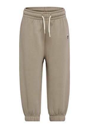 Beige joggerbukser med elastisk linning, snøre, ankelmanchetter og et lille broderet logo øverst til venstre. Ingen synlige lommer.