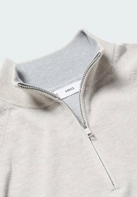 Maglione grigio chiaro con zip a quarti, caratterizzato da un colletto a coste e una texture sottile. Una zip argentata aggiunge un tocco funzionale. Etichetta del marchio visibile.
