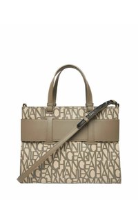 Borsa rettangolare beige e taupe con motivo testuale "ARMANI EXCHANGE", doppi manici, dettaglio della cintura larga e tracolla regolabile.
