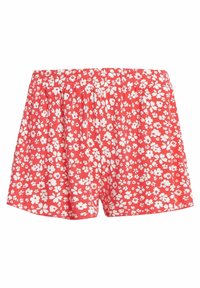 Shorts floraux rouges avec un motif de fleurs blanches, taille élastique et coupe ample. Fabriqués en tissu léger pour plus de confort.